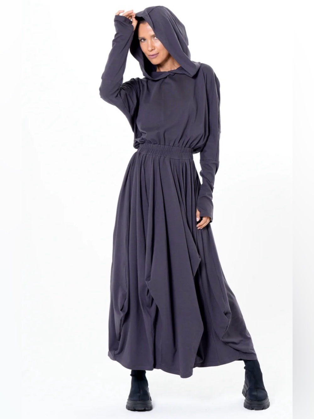 🩶Metamorphoza Long-Sleeve Hooded Elastic-Waist Midi Dress in Gray🩶